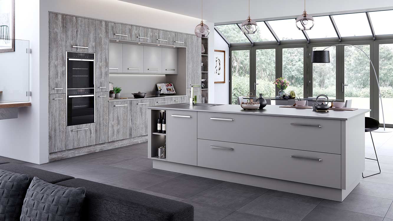 Masterclass kitchens blackburn Deco Tundra Stone with Sutton Light Grey