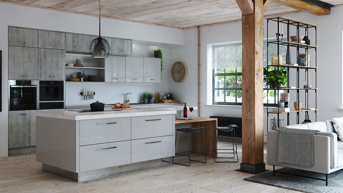 Masterclass kitchens blackburn Lumina Light Grey with Mirror plinth and Madoc Manhattan